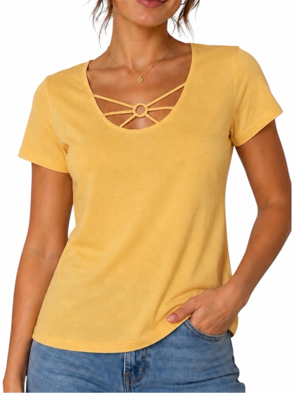 Vintage Y2K Nevada Yellow Strappy Ring Top Cutout Baby Tee T-Shirt Retro 2000s